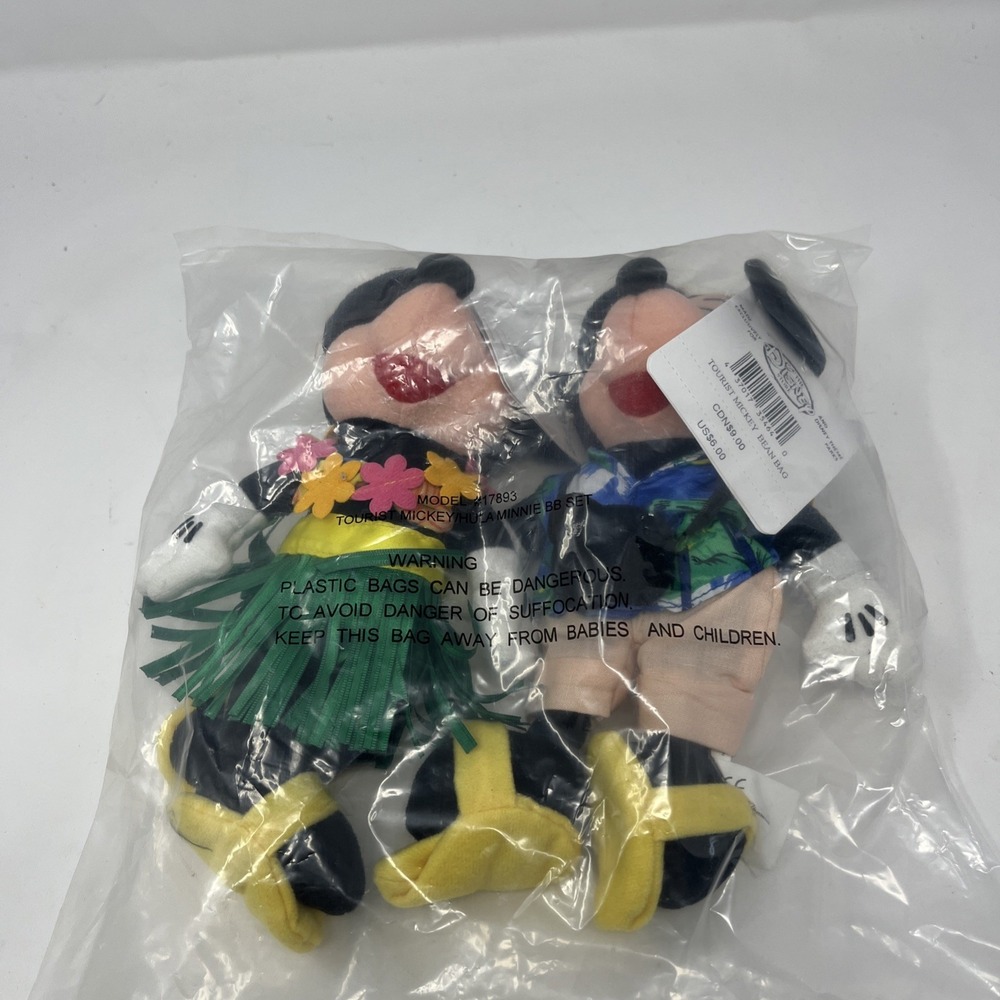 Disney Tourist Mickey Hula Minnie Mouse Bean Bag Plushes Set Hawaiian NEW In Bag